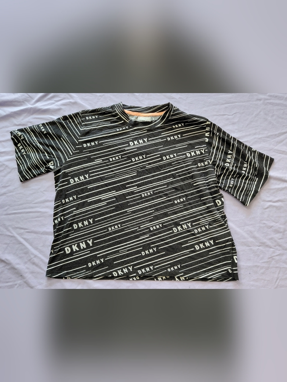 Dkny Black Tee with White Logo Stripe Print Women's Size Medium